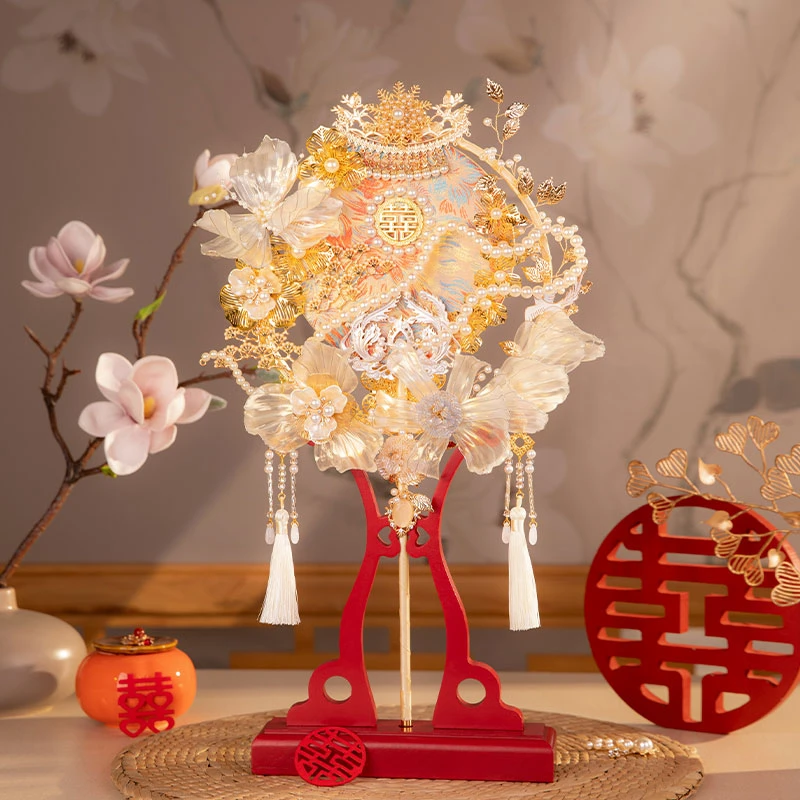 团扇中式婚礼结婚新娘古风搭配秀禾服成品金色婚扇手工diy材料包