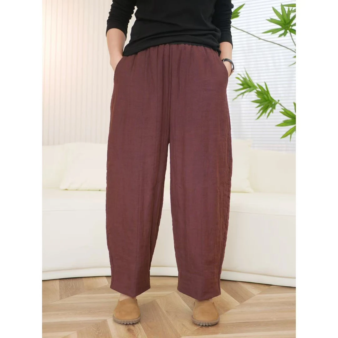 妮家服饰直播间冬季新款时尚百搭苎麻蚕丝棉老爹裤1009