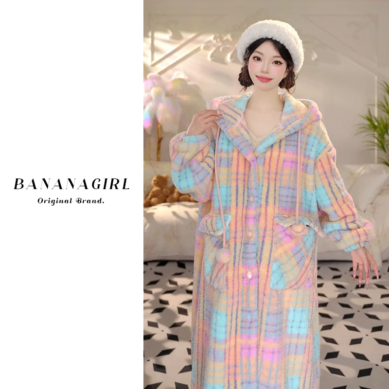 Bananagirl【多巴胺少女】睡衣女秋冬连帽睡袍保暖加厚加绒可外穿
