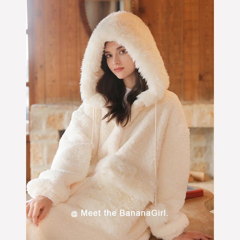 Bananagirl【白月光】睡衣女秋冬加厚款连帽睡袍中长款家居服可外穿