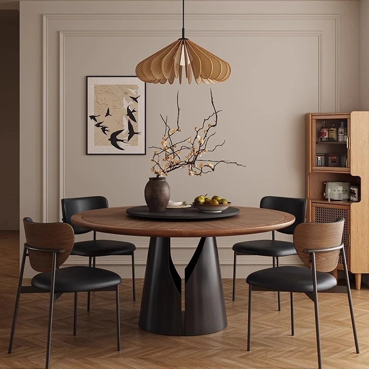 中古风圆桌实木纹理圆形岩板餐桌法式复古奶油家用高端带转盘饭桌