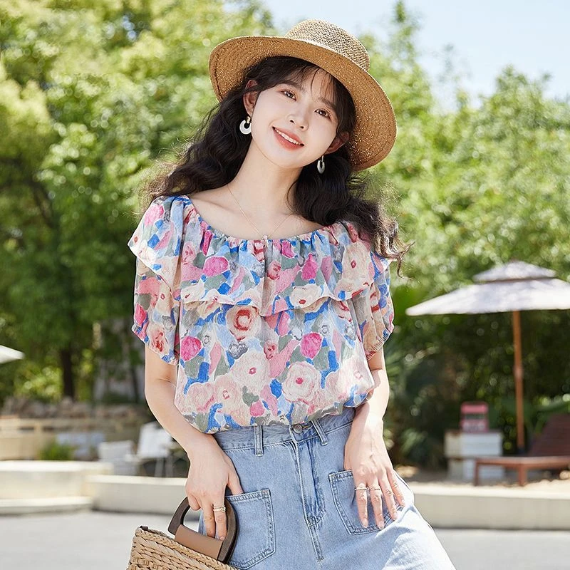 法式一字肩泡泡袖碎花上衣女2025夏季新款设计感小众洋气雪纺衬衫