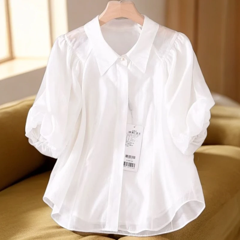2025新款轻熟法式优雅泡泡袖上衣白色短袖衬衫女装夏季设计感小众