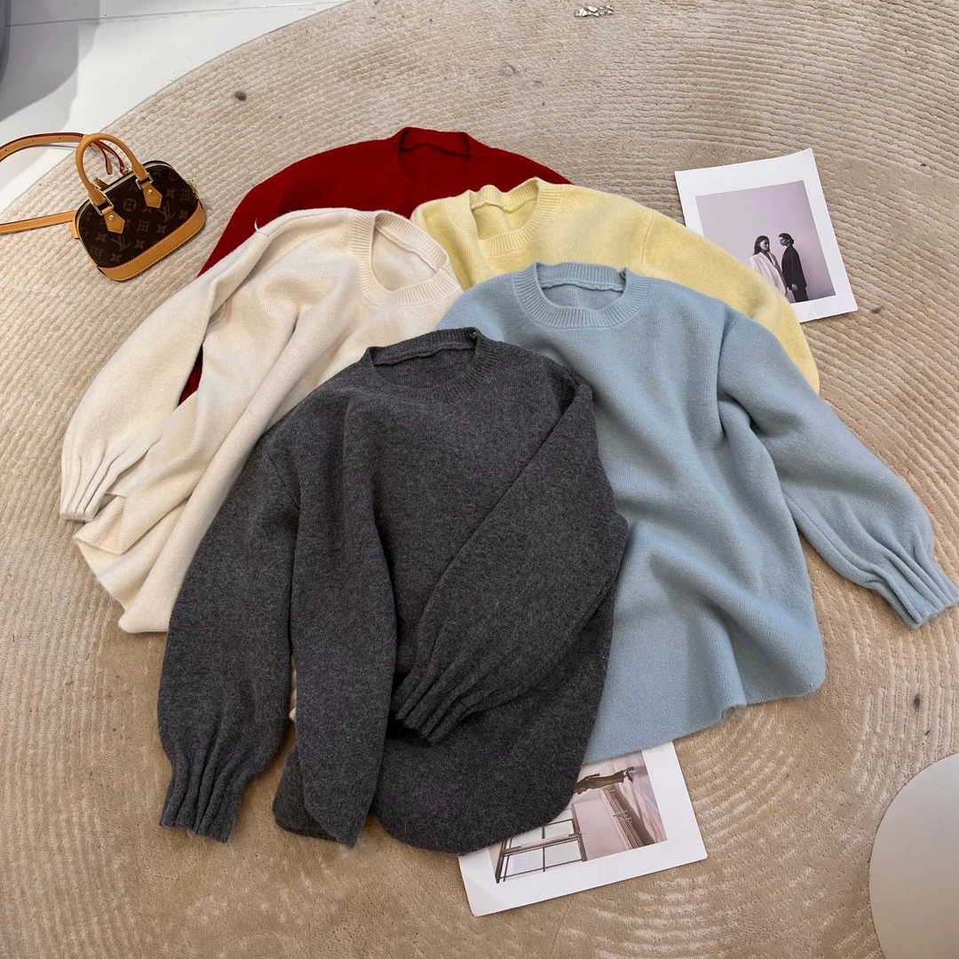 YUE 15889 圆领袖口褶皱简约时尚百搭厚实毛衣