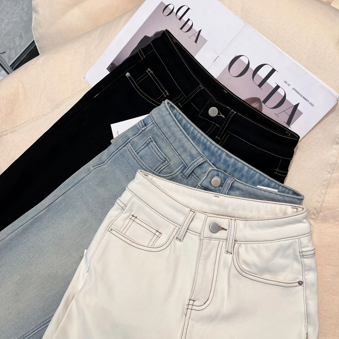 YUE 60156  明线加绒厚款过冬九分烟管牛仔裤