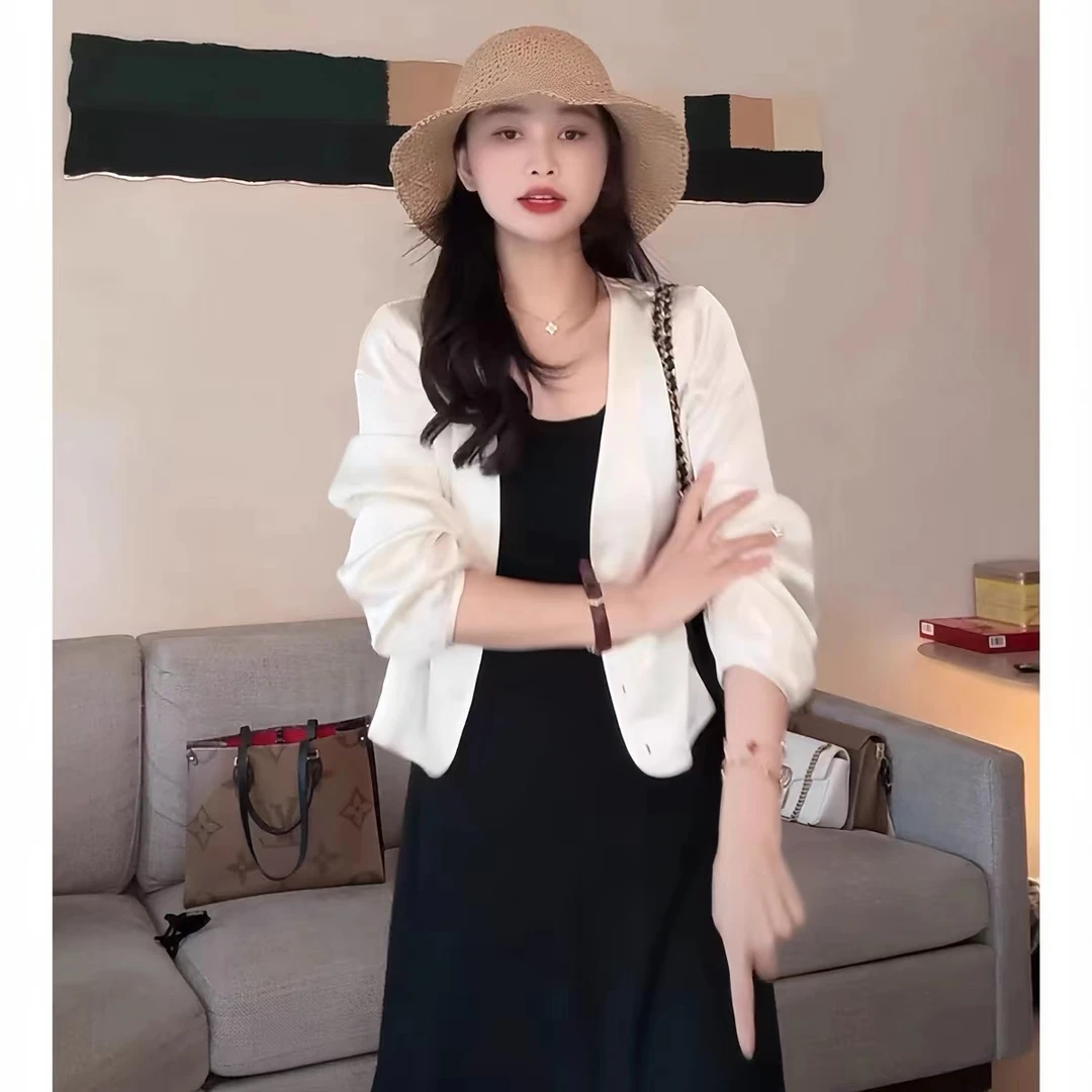 冰感醋酸V领长袖薄外套女短款防晒衣开衫简约百搭韩系上衣2025夏