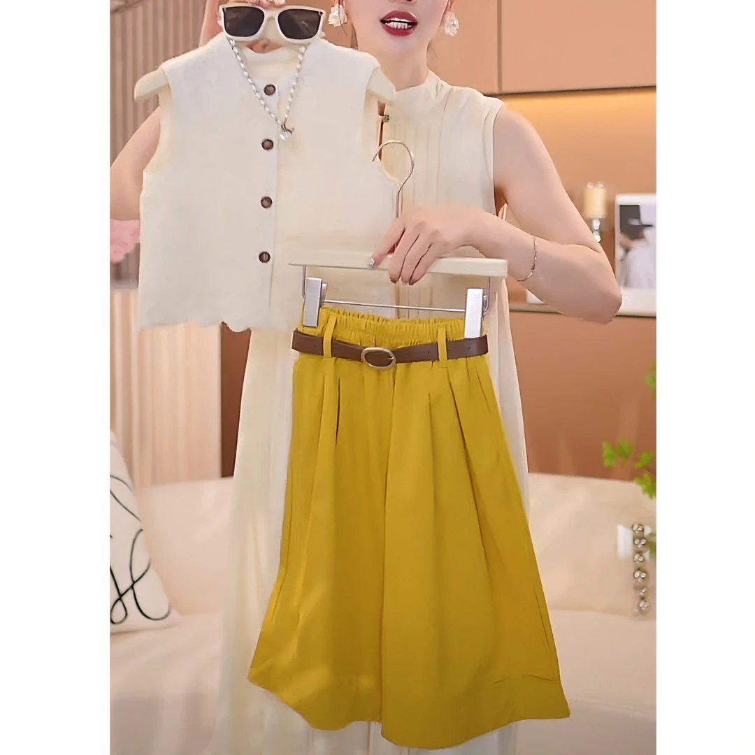 女童夏季套装2024新款夏装纯色中大童气质百搭阔腿裤裙裤两件套潮