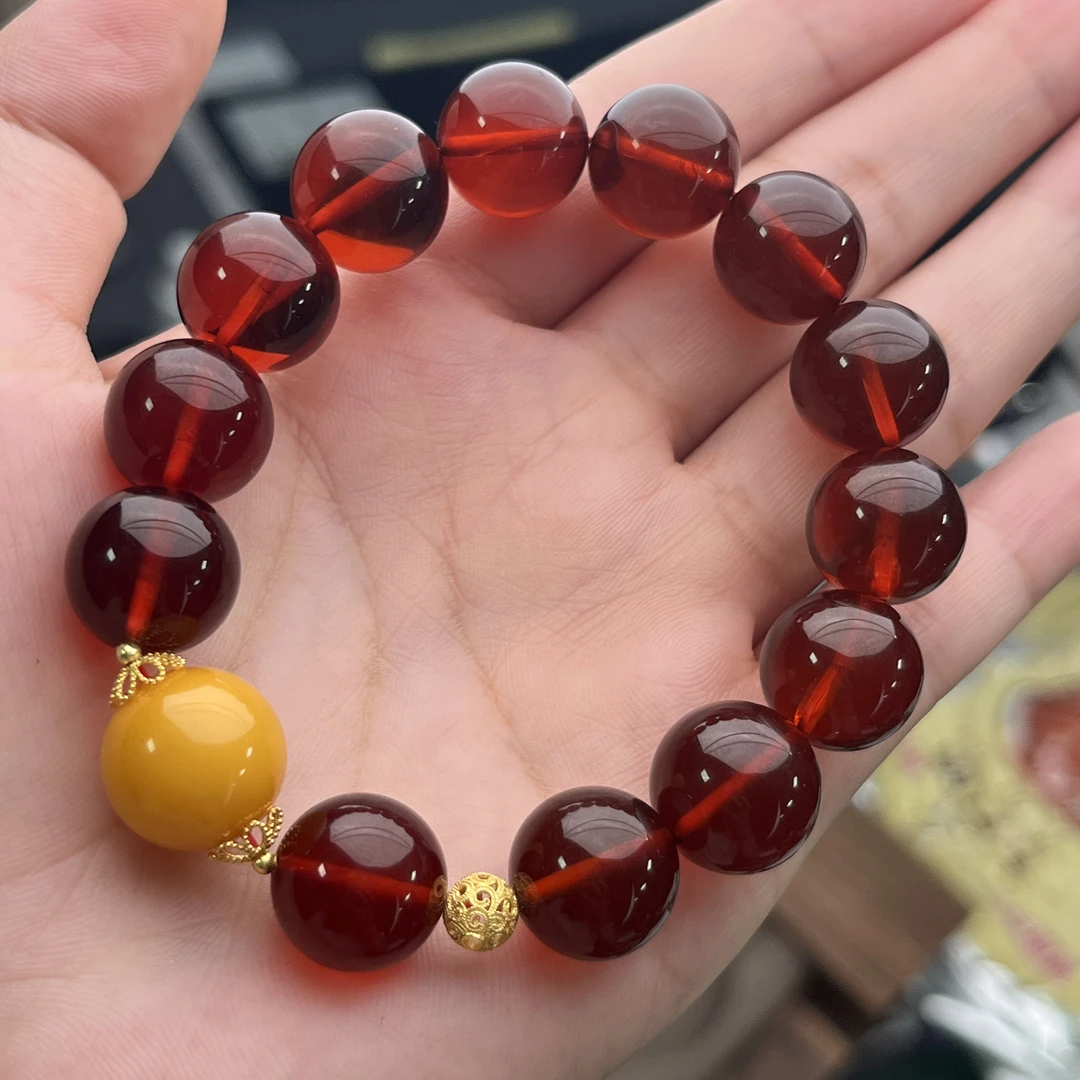 【天香如易】天然琥珀蜜蜡设计款18k金缅甸血珀手串