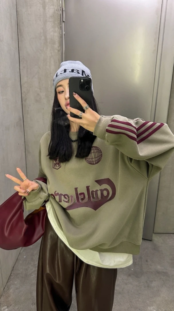 爆款加绒现货复古潮牌印花拼接三杠设计复合加厚卫衣女秋冬