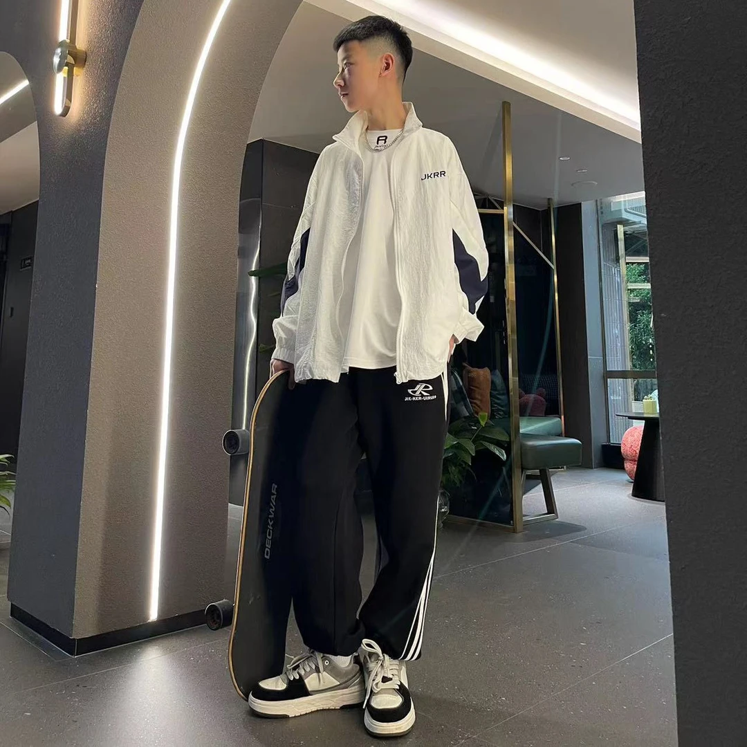 3244【睿睿妈】美式风百搭拼接撞色高级感休闲外套宽松亲子立领外套