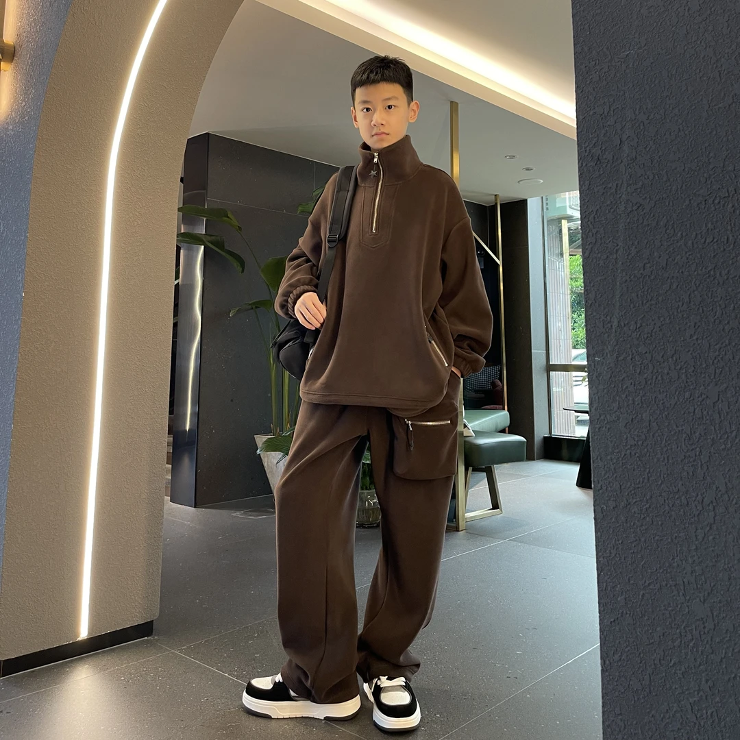 3014【睿睿妈】冬季时尚休闲半立领加绒加厚卫衣套装中大童两件套潮