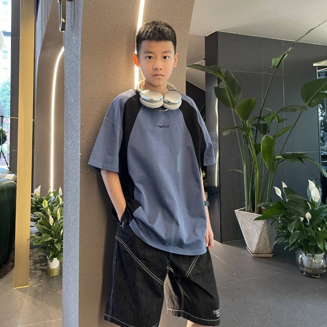 8852美式简约休闲宽松双肩撞色短袖T恤中大童亲子夏季上衣
