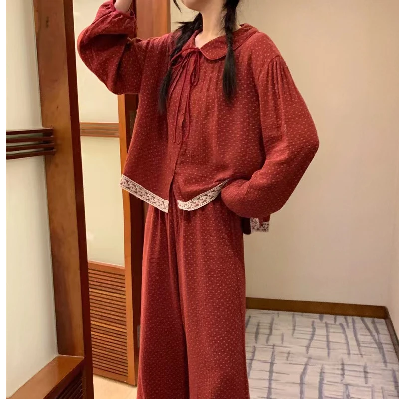春夏婴儿棉纱孕妇哺乳睡衣产前后纯棉月子服套装透气家居服红色