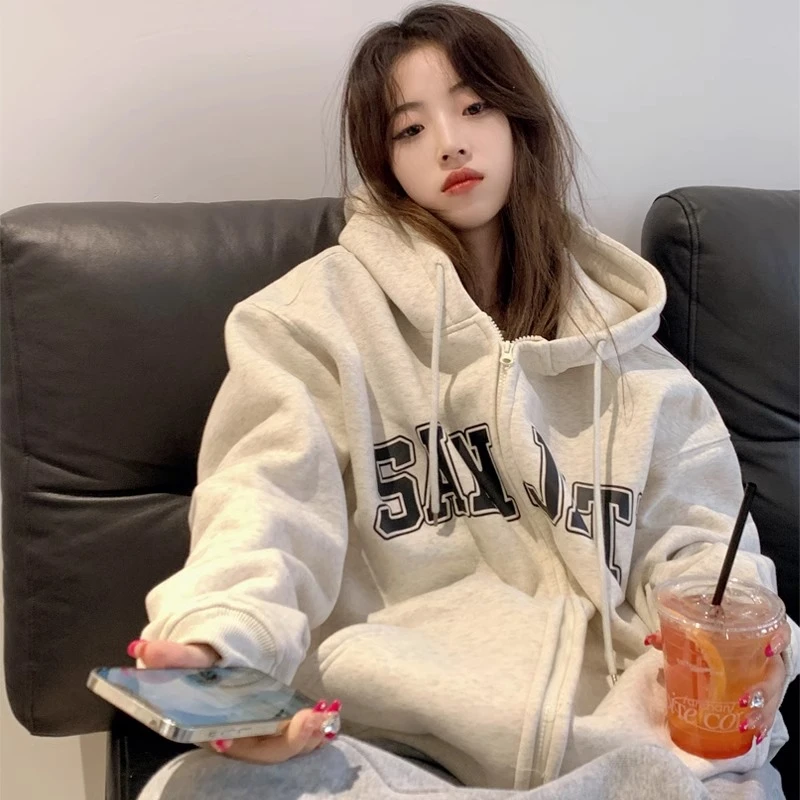大码80-300斤开衫卫衣拉链外套加绒美式宽松慵懒风女秋冬oversize