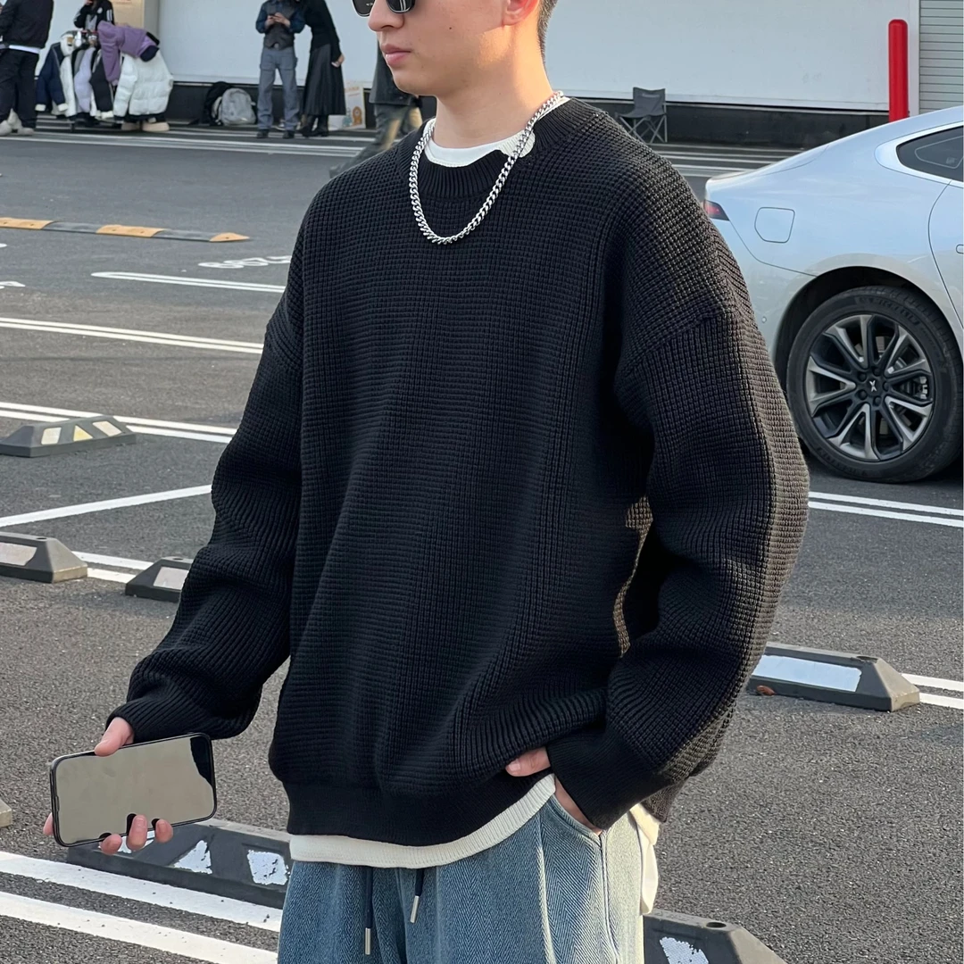 BOGEDIT秋冬高级感假两件简约圆领毛衣潮宽松ins情侣撞色针织上衣