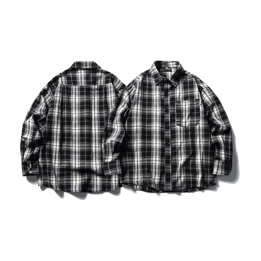 BOGEDIT春季宽松简约日系格子长袖衬衫百搭复古宽松韩版港风衬衣