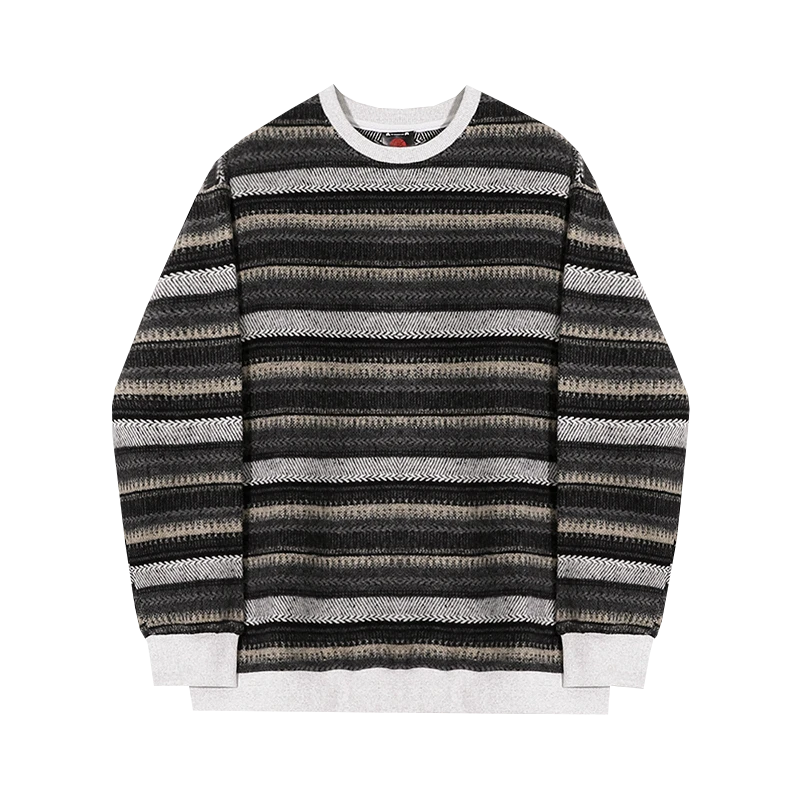 秋冬新款条纹圆领打底男士针织毛衣时尚百搭复古宽松潮流情侣卫衣
