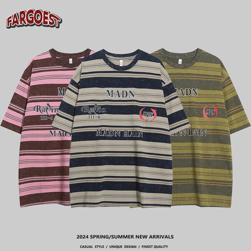 美式复古宽松圆领扎染条纹短袖原创T恤男女街头夏季休闲半袖上衣