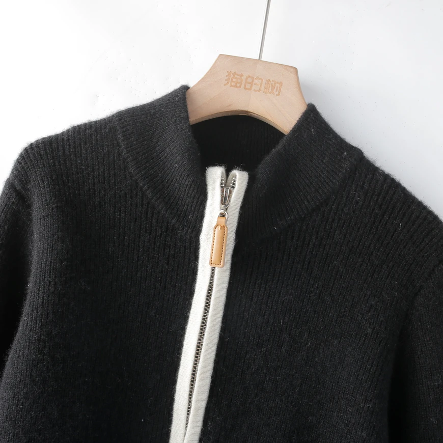【100%山羊绒】开衫羊绒童装男女中性黑色时尚立领短款连帽加厚高领