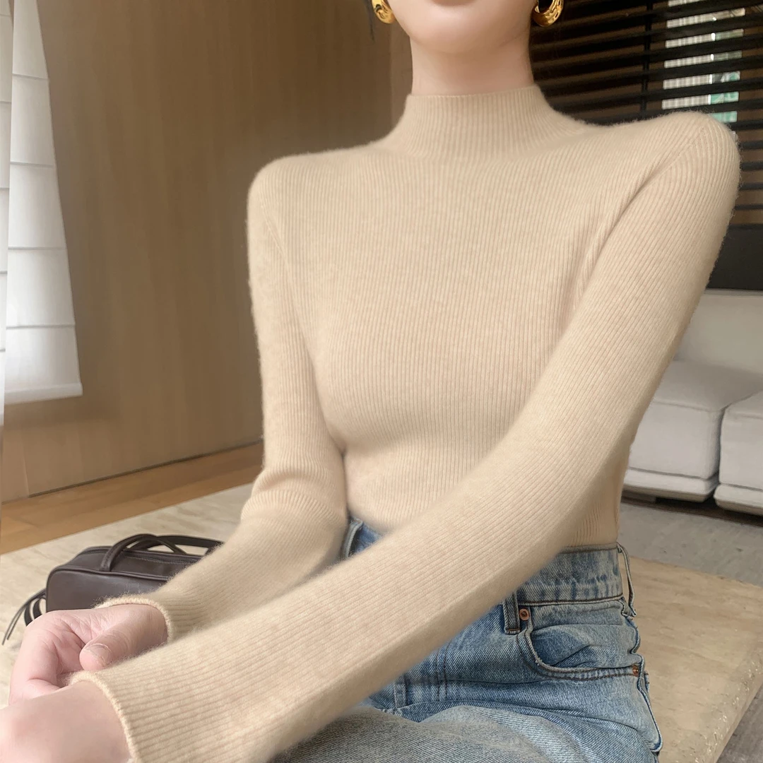 鄂尔多斯市100羊绒衫女半高领无缝一线成衣修身内搭针织打底衫冬