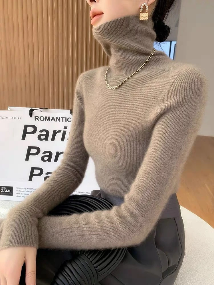 鄂尔都市牧王无缝羊绒衫女高领针织毛衣翻领修身百搭显瘦打底衫冬