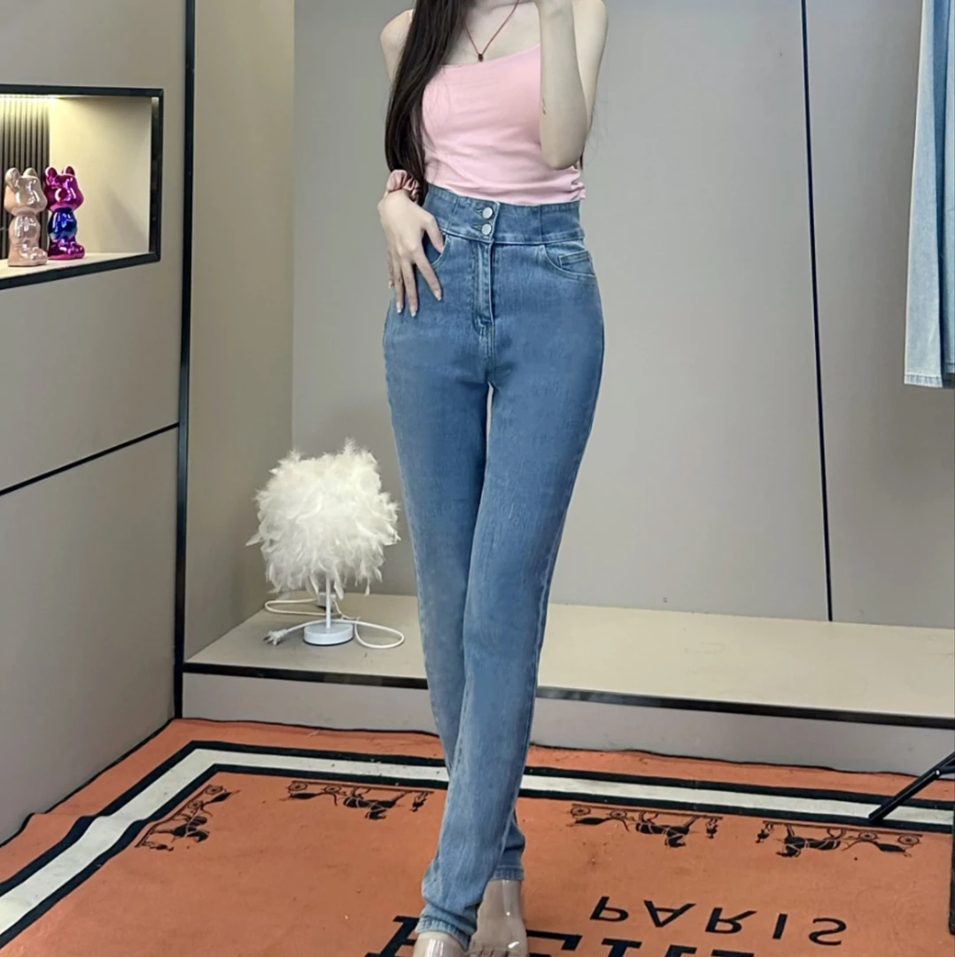 浅色牛仔裤女春秋2024年新款高腰显瘦修身弹力小脚裤X型后腰
