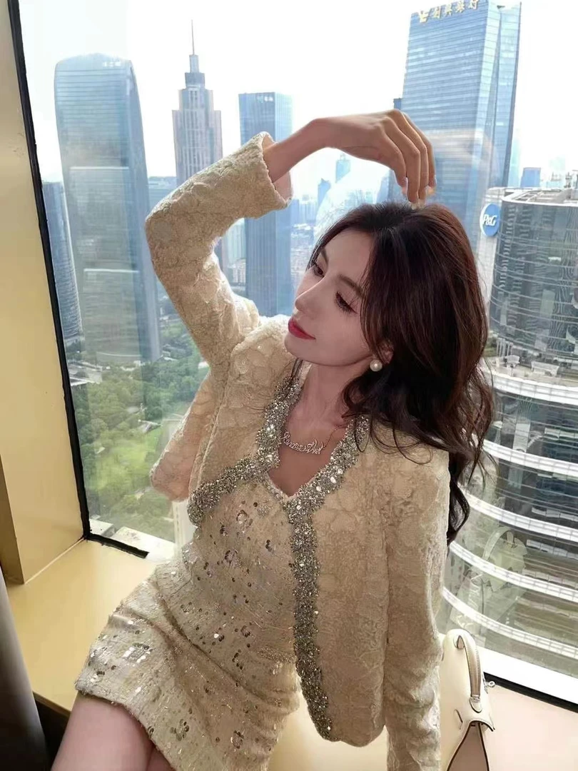 XUAN【金奢晚宴】秋季蕾丝高定重工金色轻奢编织外套