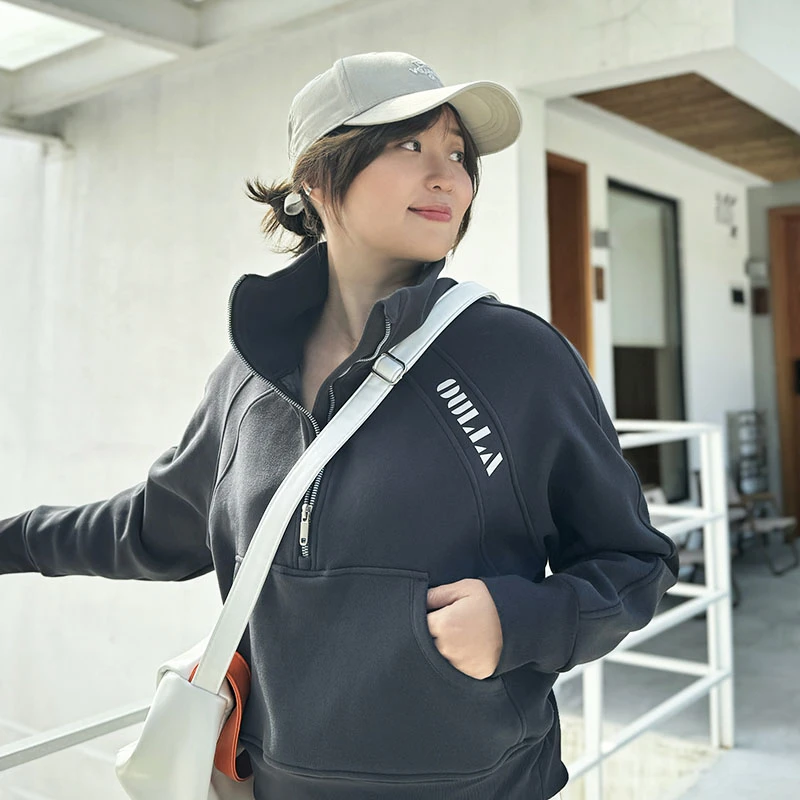 OULLA【现货】运动休闲女加绒秋冬长袖袋鼠兜宽松立领卫衣EM3923