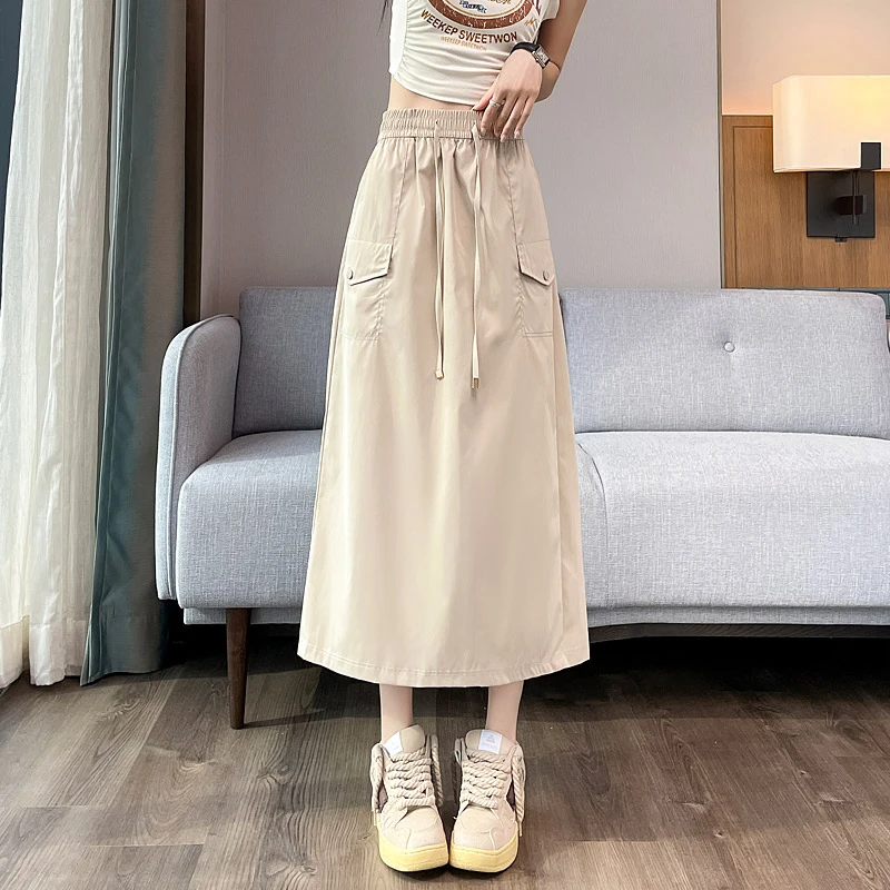 高腰工装显瘦半身裙女夏季薄款2024新款百搭宽松a字后开叉中长款