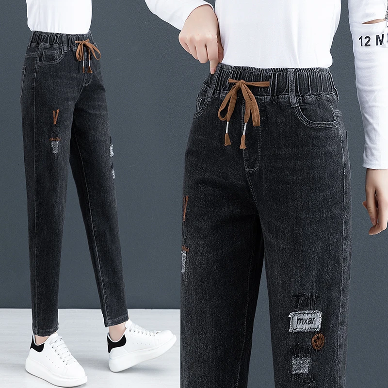 松紧腰牛仔裤女秋季2023新款百搭裤子萝卜女裤长裤秋季小脚老爹裤