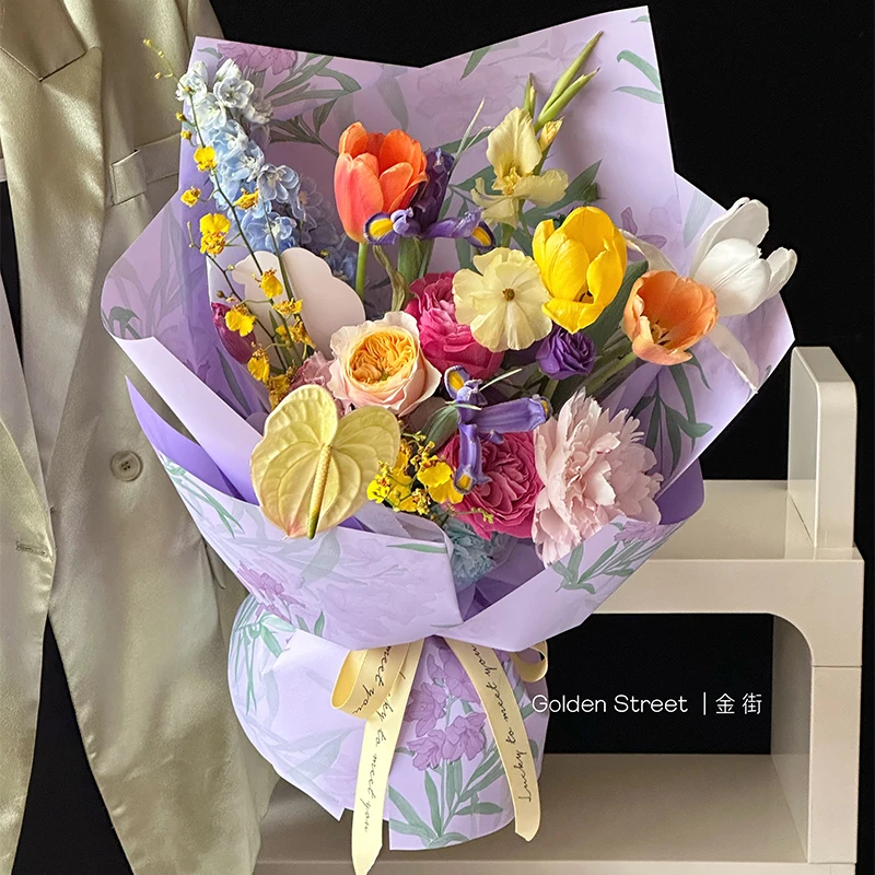 新款鲜花花束包装纸桃花包花材料氛围塑料纸手工花艺花卉花店资材