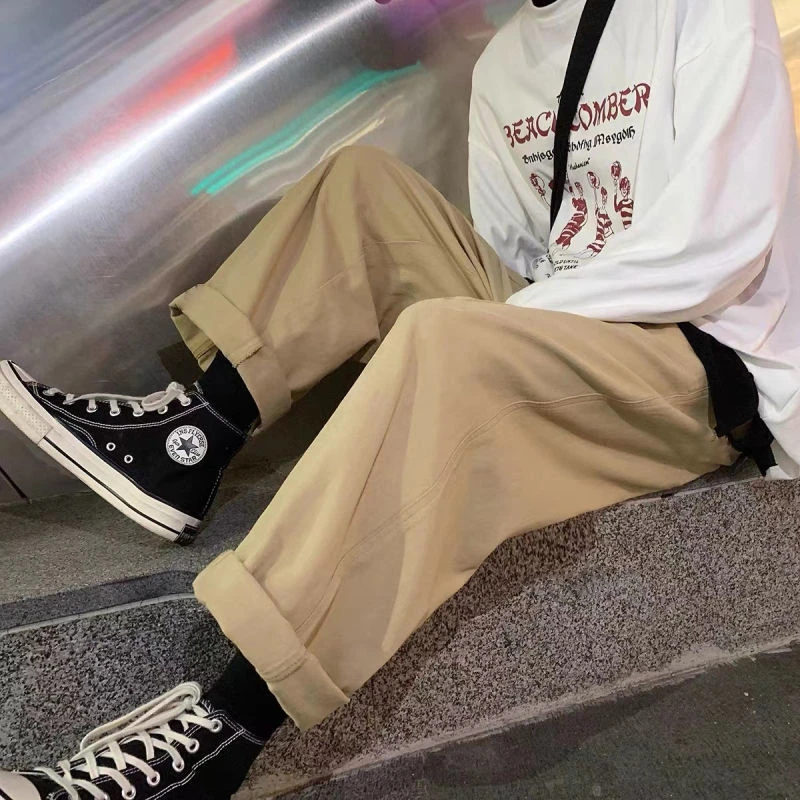 纯棉工装阔腿裤男女春秋日系港风复古直筒纯色简约显瘦宽松休闲裤