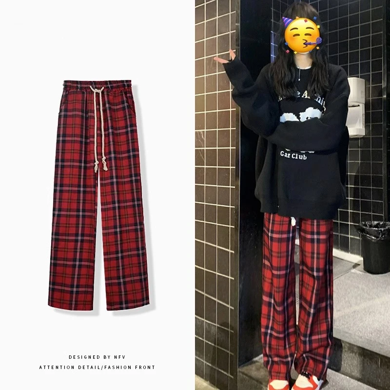 chic港风复古红色格子运动休闲百搭裤女春秋男女同款宽松直筒裤子