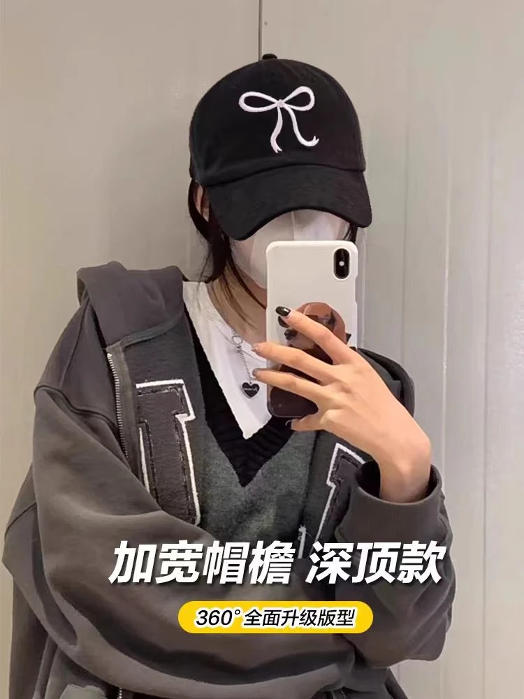 韩国蝴蝶结棒球帽女生甜美可爱风浪漫粉色帽子百搭软顶鸭舌帽子潮