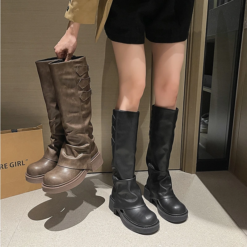 暮秋秋品牌--2024新款软底时尚高筒靴女百搭褶皱英伦风厚底高筒靴