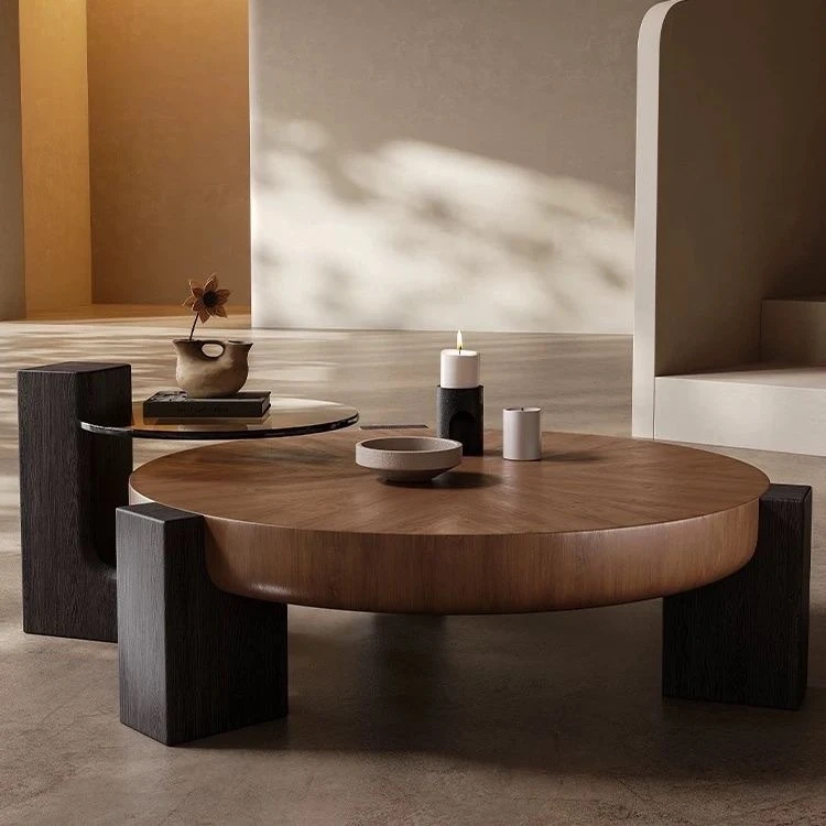 客厅设计师款意式极简实木茶几组合圆形小户型家用茶几桌现代简约