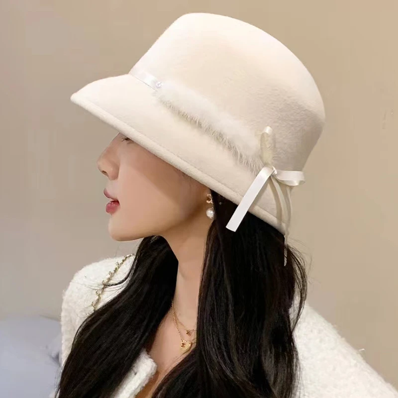 法式高级感礼帽女洋气设计师感羊毛显脸小赫本帽复古气质名媛盆帽