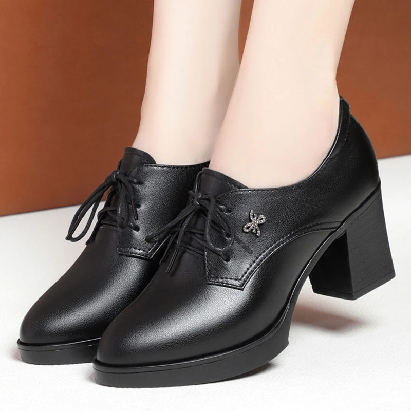 真皮中跟女鞋春秋新款高跟深口软皮休闲鞋舒适粗跟单鞋女士皮鞋子