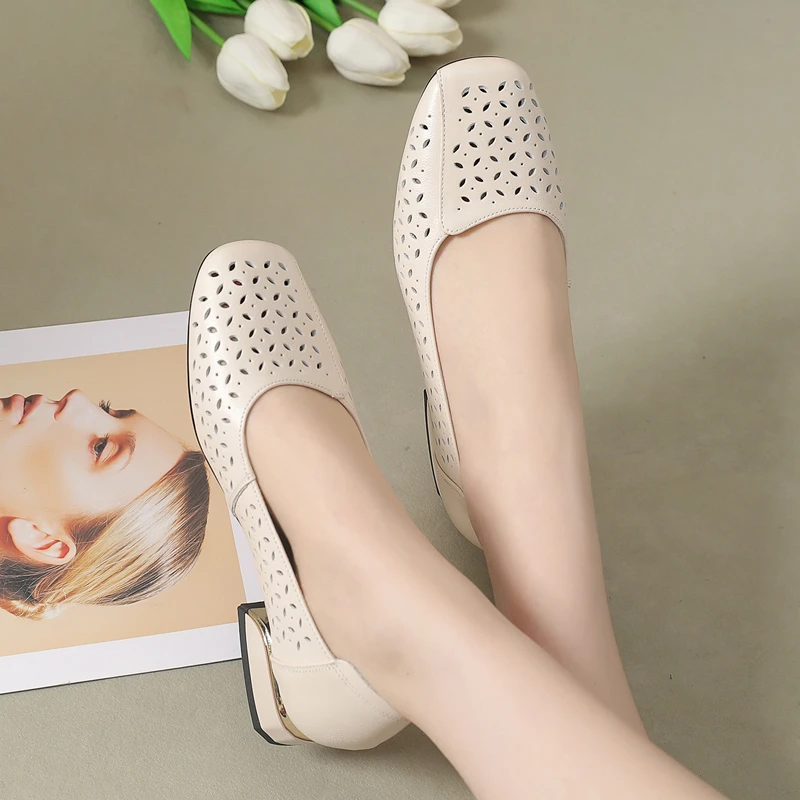 真皮镂空单鞋女夏季平底浅口女鞋洞洞鞋透气软底皮凉鞋大码妈妈鞋