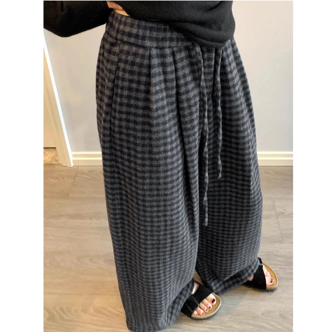 慵懒风格子裤女秋冬新款加绒加厚毛呢休闲高腰垂感宽松显瘦阔腿裤