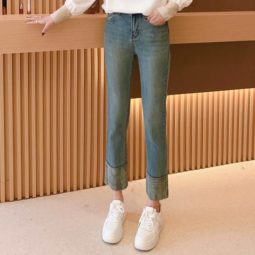豆豆【卷边烟管裤】D109-1时尚百搭复古显休闲显瘦印花拼接牛仔裤女