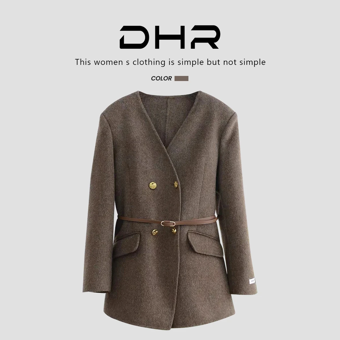 新款高级感收腰显瘦双面绒羊毛大衣女时尚休闲气质百搭外套D119