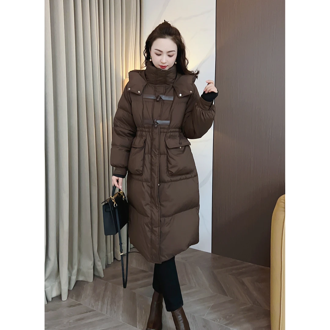 豆豆 【90白鸭绒长款羽绒服】 D801210 时尚百搭牛角扣连帽外套