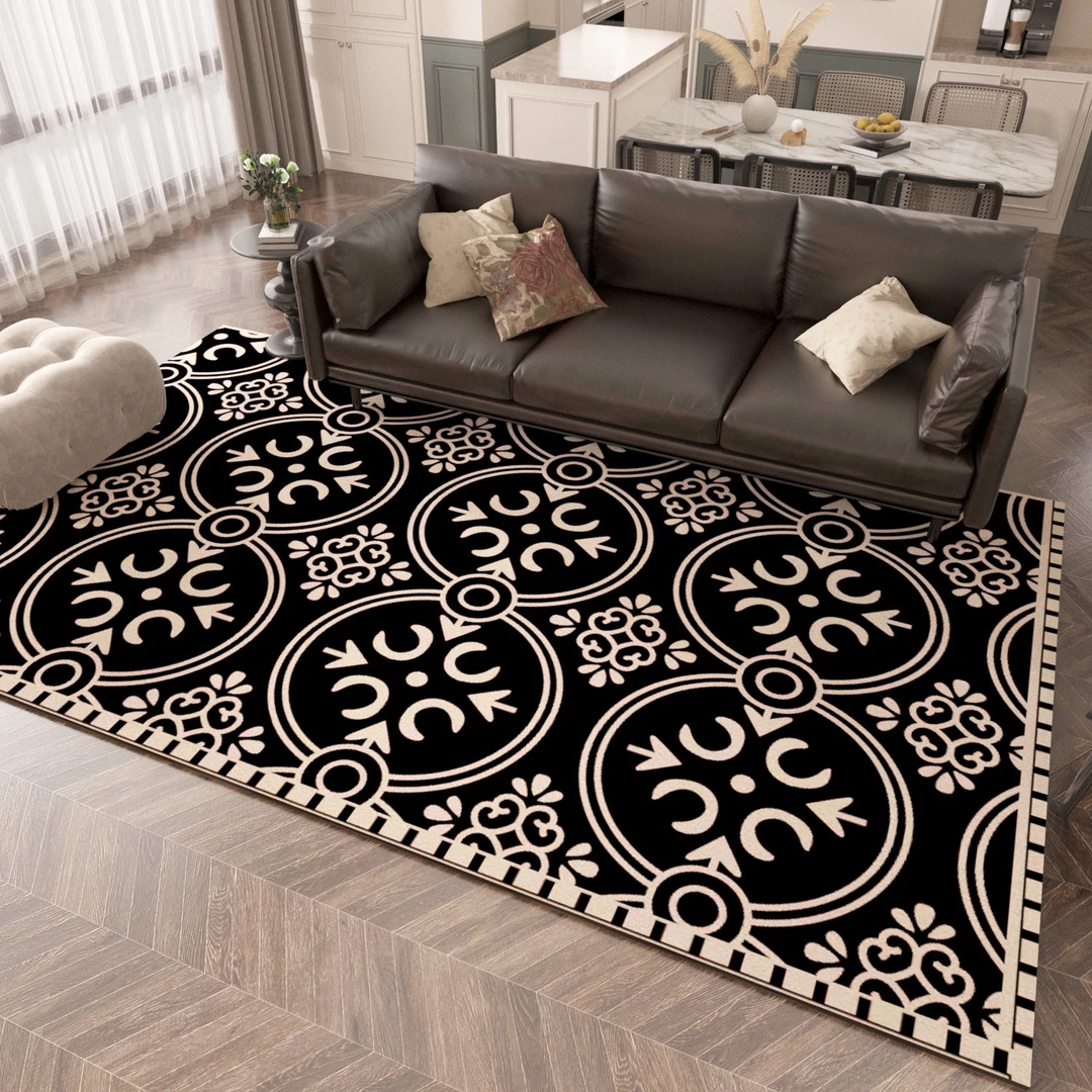 艾登美简约客厅地毯黑色复古茶几沙发毯耐脏防滑大面积地毯垫欧式