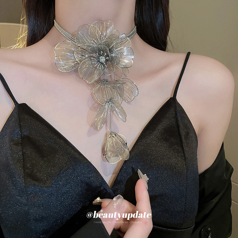 铜合金项链 镶钻花朵流苏三层项链欧美辣妹轻奢高级感锁骨链项饰