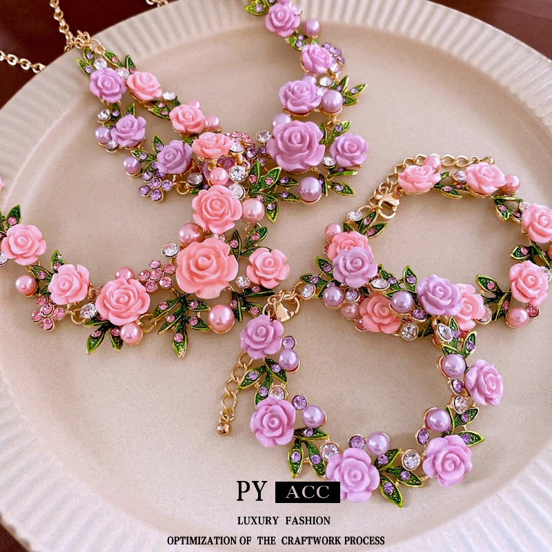 合金仿珍珠项链 镶钻花朵树叶项链小众时尚锁骨链百搭高级感饰品