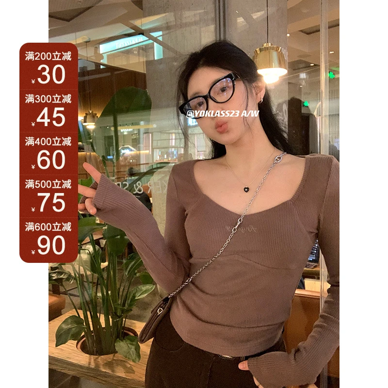 王少女的店【现现】咖色修身显瘦绣花针织衫小众百搭上衣 Z13460S34