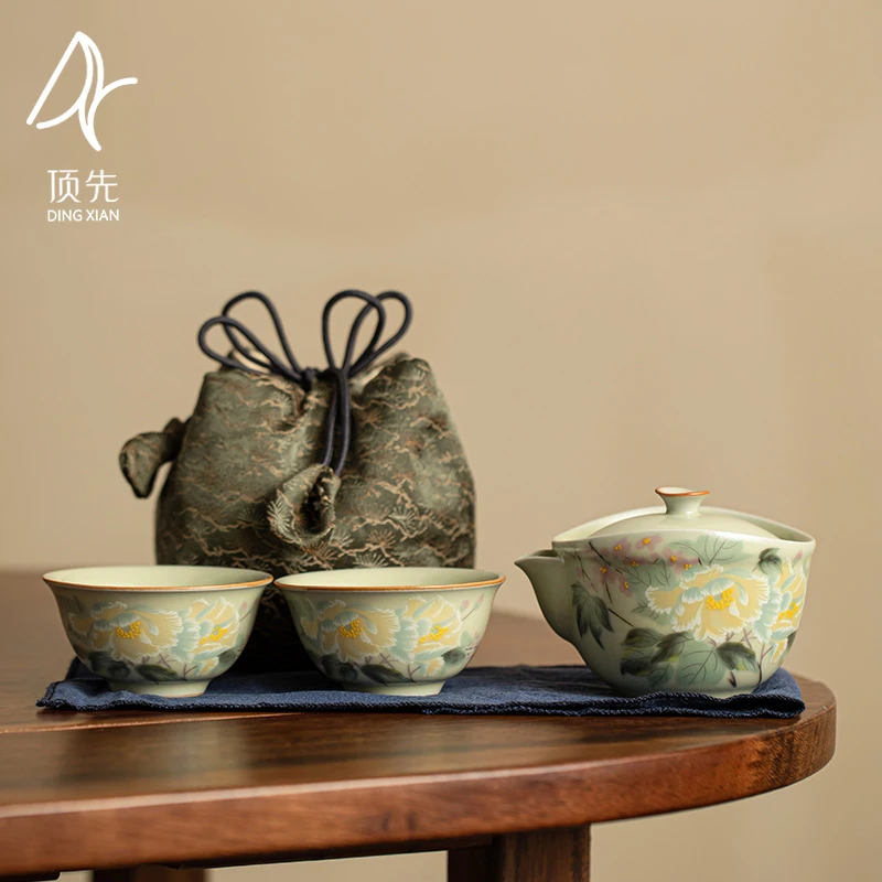 顶先 秘黄汝窑芙蓉花复古快客杯便携外出旅行茶具陶瓷中式A8996