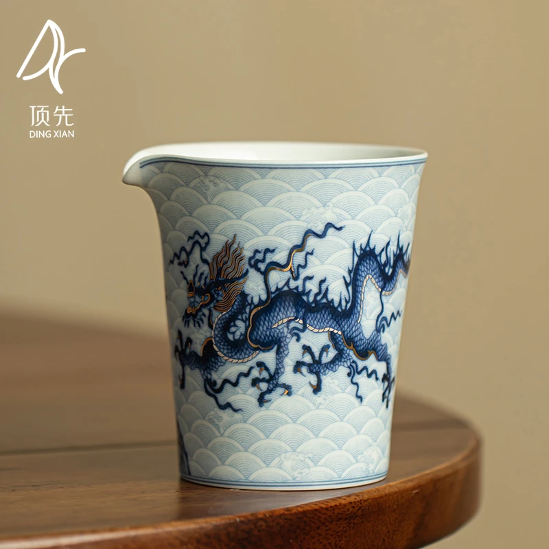 顶先 影青金银措龙纹公道杯陶瓷分茶器中式家用功夫茶具茶道A9011