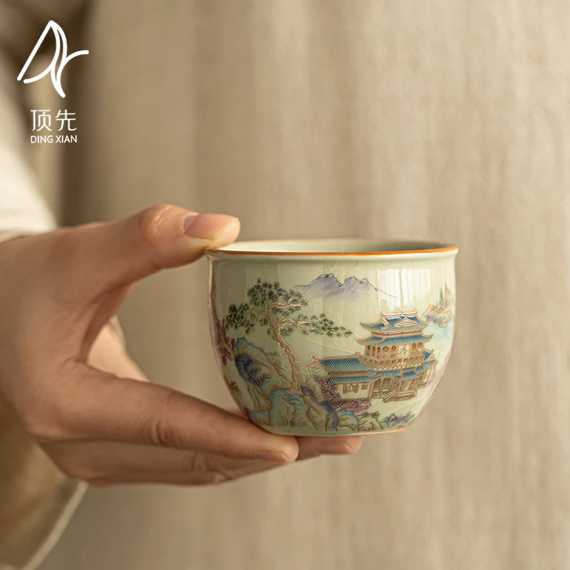 顶先老陶泥陶瓷开片茶杯金山水缸杯主人杯复古茶杯功夫茶具A9443